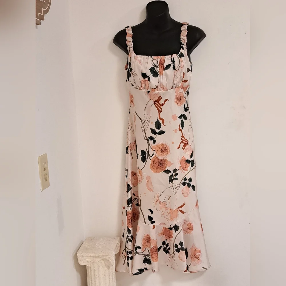 Floral Midi Dress in Cream and Pink - Picture 2 of 10